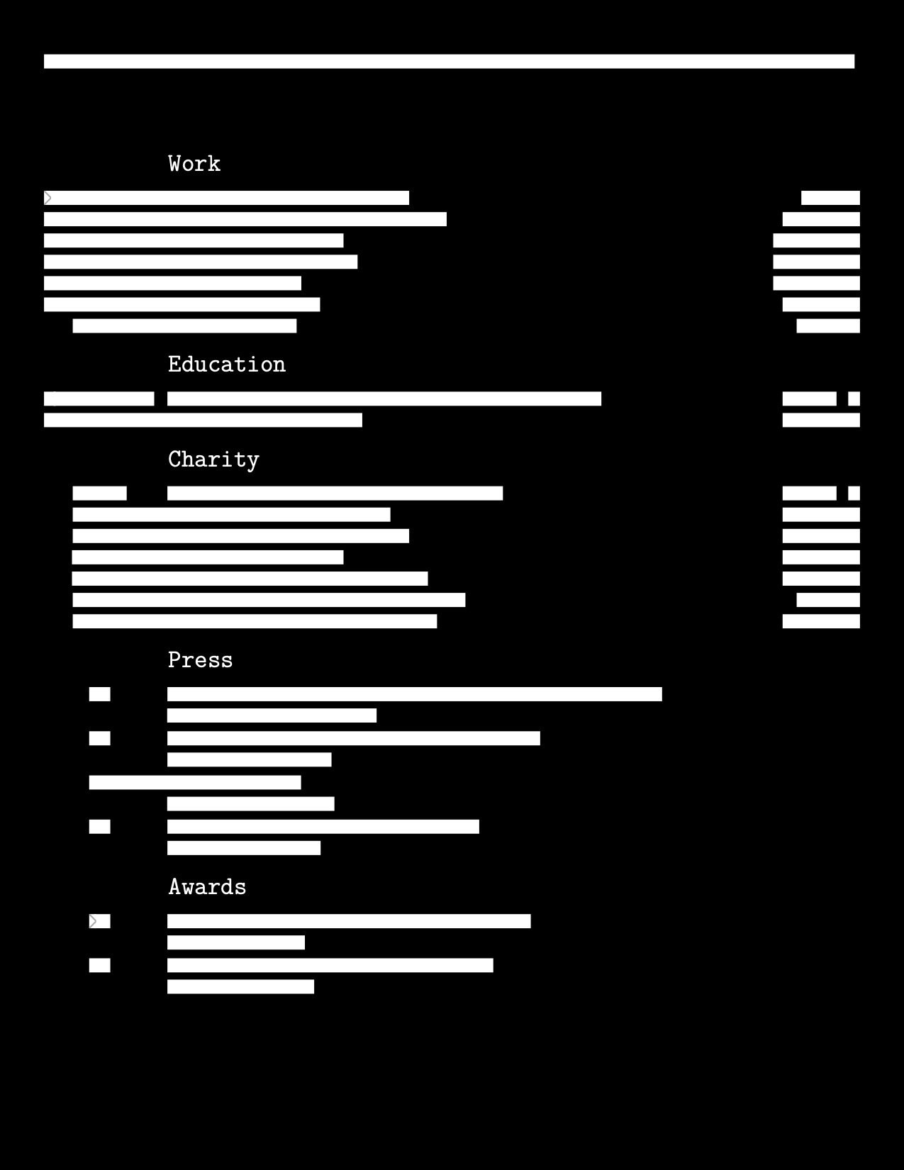 Inverted redacted résumé profile.